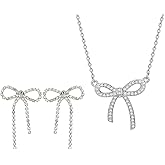 QLUYCKW Rhinestone Bow Necklace Earrings Sets for Women Dainty Trendy Rhinestone Bowknot Pendant Necklace Gold Silver Bow Tassel Dangle Earrings Christmas Holiday Party Costume Jewelry