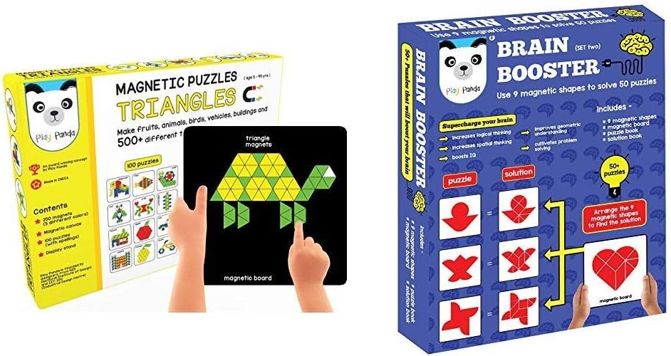 Play panda New Magnetic Puzzles Triangles - with 250 Colorful Magnets, 100 Puzzle Book, Magnetic Boa & Brain Booster Type 2 - 56 Puzzles Designed to Boost Intelligence - with Magnetic Shapes, Combo