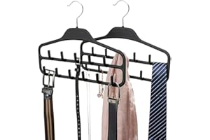 FairyHaus Belt Hanger Organizer 2 Pack, Non Slip Tie Rack Holder, Durable Hanging Closet Accessory Hooks for Belts, Ties, Jewelry, Scarves, Black