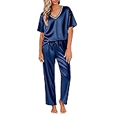 Ekouaer Satin Pajama Set for Women Short Sleeve Silky Pjs 2 Piece Lounge Sets Soft Comfy Sleepwear Loungewear S-XXL