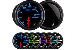 GlowShift Tinted 7 Color 35 PSI Turbo Boost Gauge Kit - Includes Mechanical Hose & Fittings - Black Dial - Smoked Lens - for 
