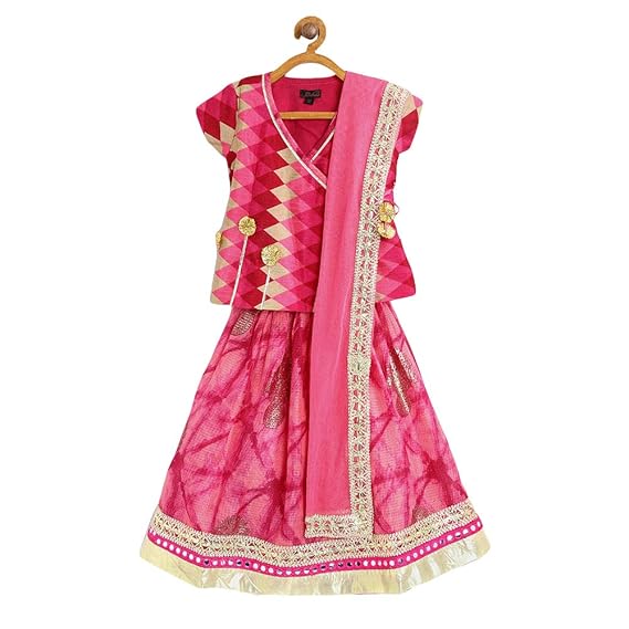 Peaches By Hopscotch Baby Girls Cotton Printed Embroidelehenga And Blouse With Dupatta Set in Pink Color