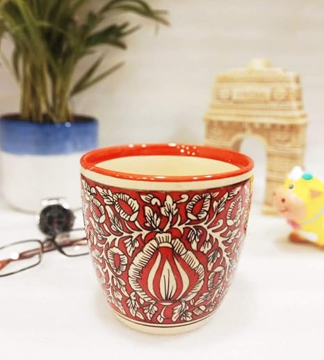 Exotic Green Handmade Mughal Printed Red Ceramic Pottery, Planter Bowls, Plant Container, Red Pot Size 5.5