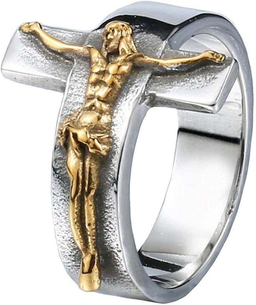 taPfPmFD Men's Vintage Stainless Steel Jesus Cross Crucifix Ring Band