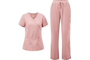 COZYFIT Scrubs for Women - Mock Wrap Top & Straight Leg Pants with 6 Pockets, Back Princess Seams, Soft Fabric