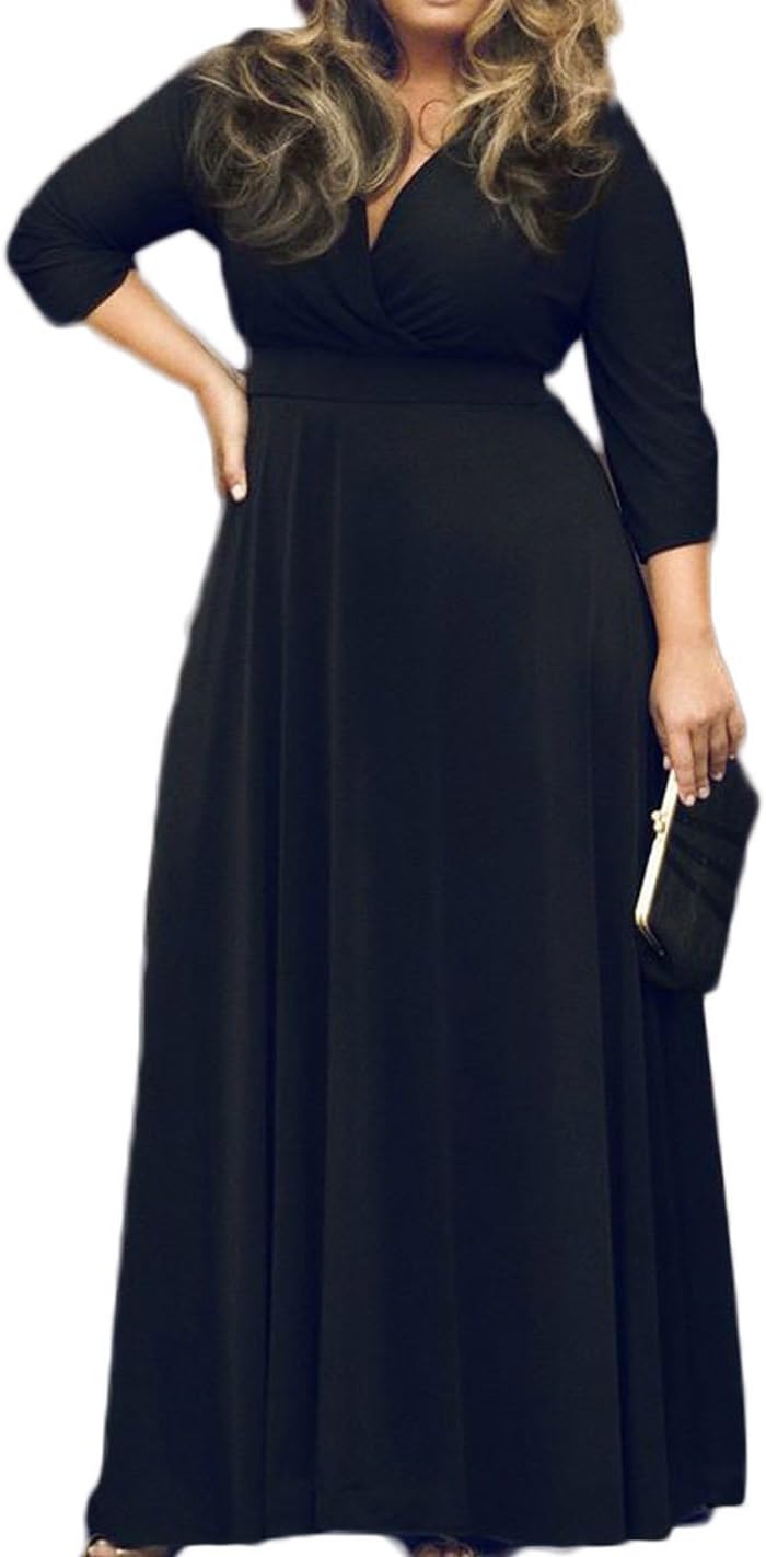 POSESHE Women's Solid V-Neck 3/4 Sleeve Plus Size Evening Party Maxi Dress
