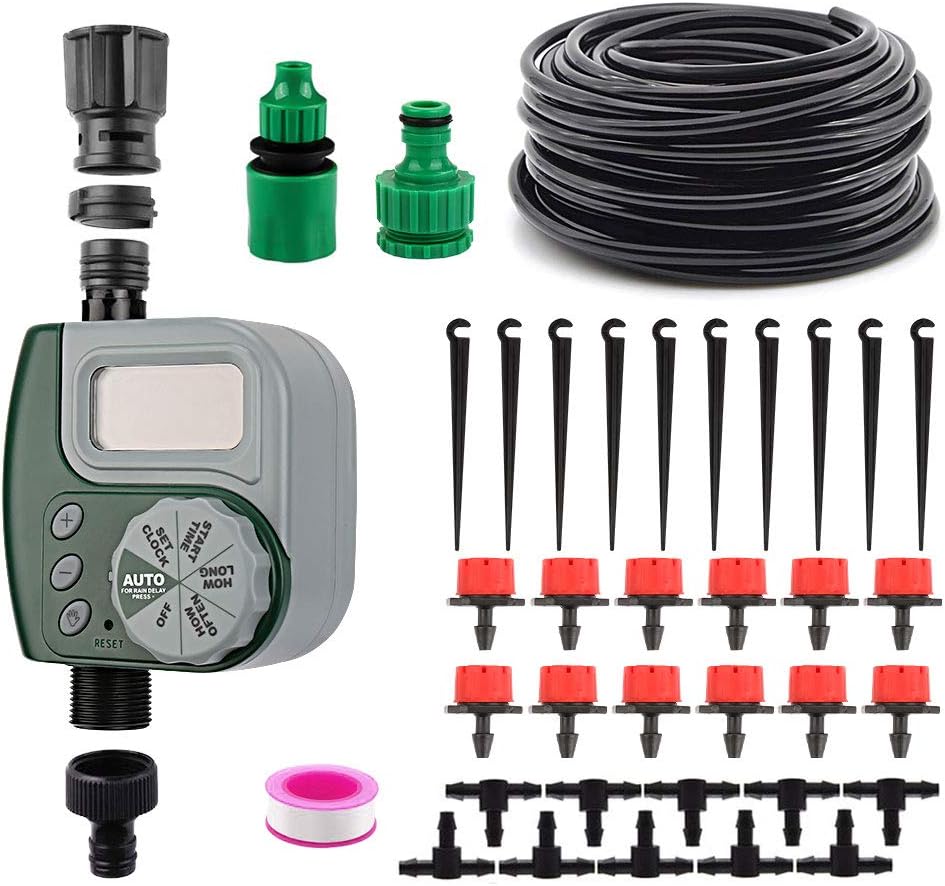 DricRoda Garden Irrigation System with Digital Timer, Automatic Garden Watering Set Drip Irrigation Kits, 1/4" Blank Distribution Tubing Hose for Garden, Greenhouse, Flower Bed, Patio, Lawn (33ft)