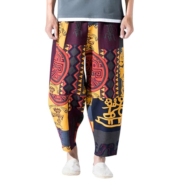 Floweworld Herren Baggy Aladin Freizeithose Haremshose Pumphose Lang mit Zwei Taschen Print Hosen Baumwolle Leinen Lose Tasch