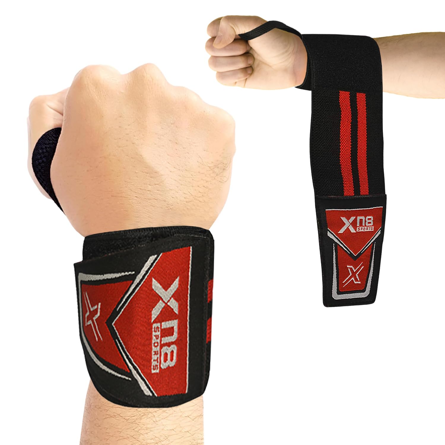 XN8 Wrist Support Wraps with Thumb Loop, Elasticated Straps for Weight Lifting Deadlift, Weight Lifting, Powerlifting, Bodybuilding, Gymnastics, Strength Training, Workout Black/Red