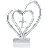 Double Heart Sculpture, Romantic Resin Sculpture of Two Hearts and Cross for Table Shelf Ornaments, Double Heart Figurines for Valentines Anniversary Wedding Couple Gift(COLOR:silver)