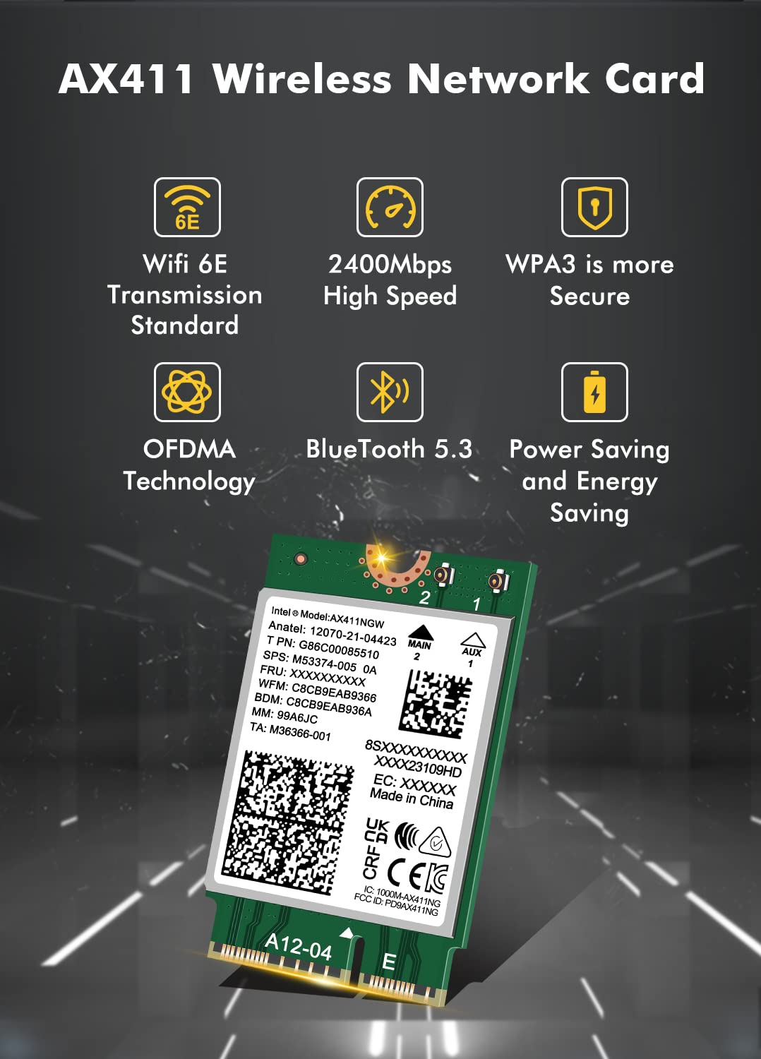 WiFi 6E Wireless Card Intel AX411 NGW. Only Support CNVio2 Protocol and Intel 12/13th Generation CPU, Bluetooth 5.3, Tri-Band 5400Mbps, Network Adapter for Laptop Support Windows 10/11 (64bit),Linux.