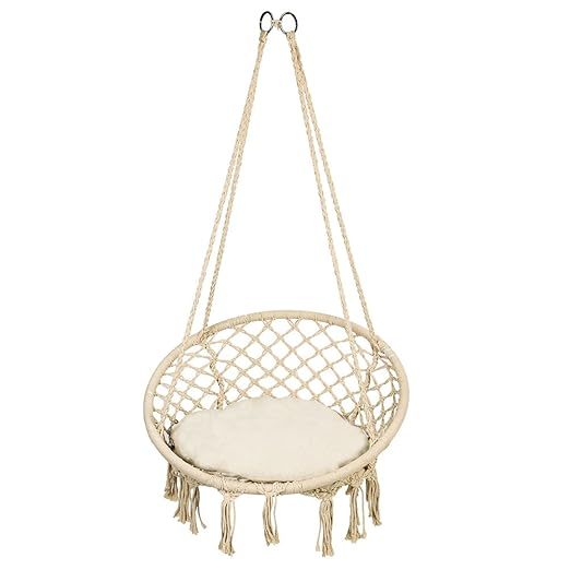 Cocoarm Hängesessel mit Weiß runde Sitzkissen, Belastbarkeit max. 135 kg, Beige Hängestuhl für Indoor Outdoor, Twist Seil und