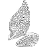 Kokoma Leaf Ring for Women Cubic Zirconia Silver Plated Ring Adjustable Nature Inspired Leaf Wrap Rings Daily Wear Stackable Fashion Jewelry
