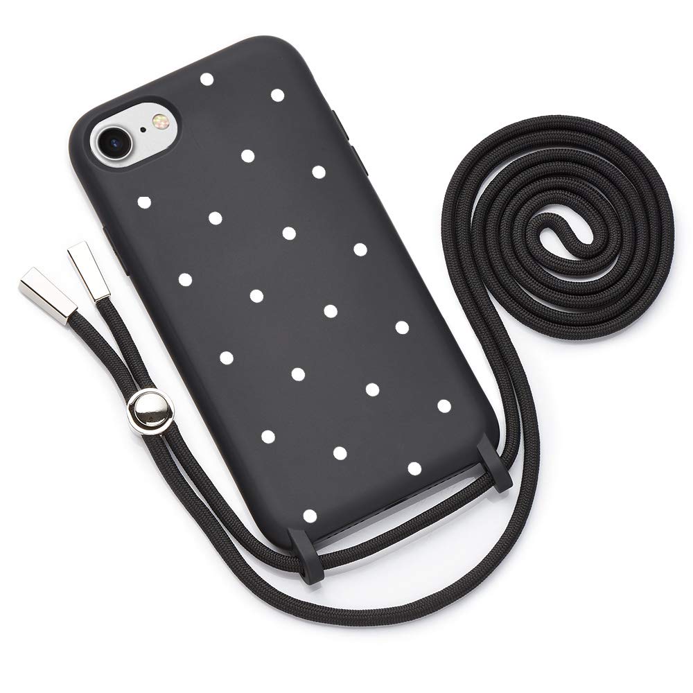 QULT Phone Case with Necklace Cord – Phone Cover Compatible with iPhone 7 Plus / 8 Plus – Soft Silicone Crossbody Protective Case – Shockproof and Resistant Phone Covers – Green with Polka Dots Black