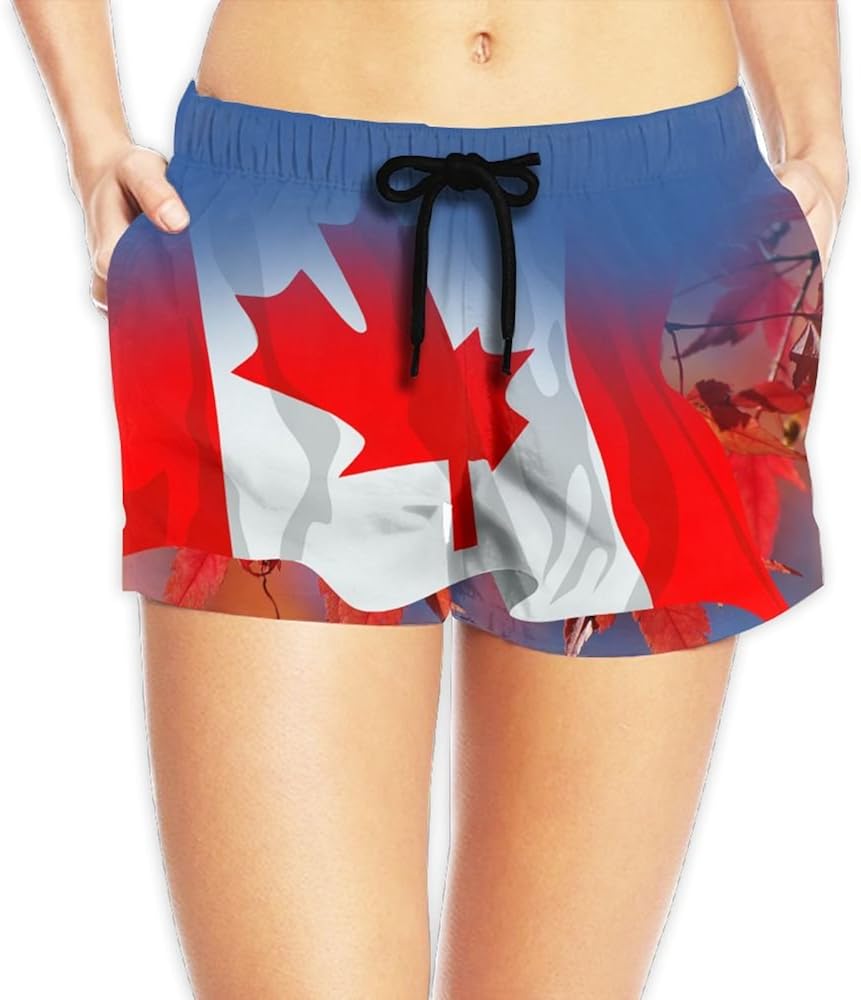 Women's Elastic Lounge Shorts Canadian Flag Beach Shorts at Amazon Women’s Clothing store