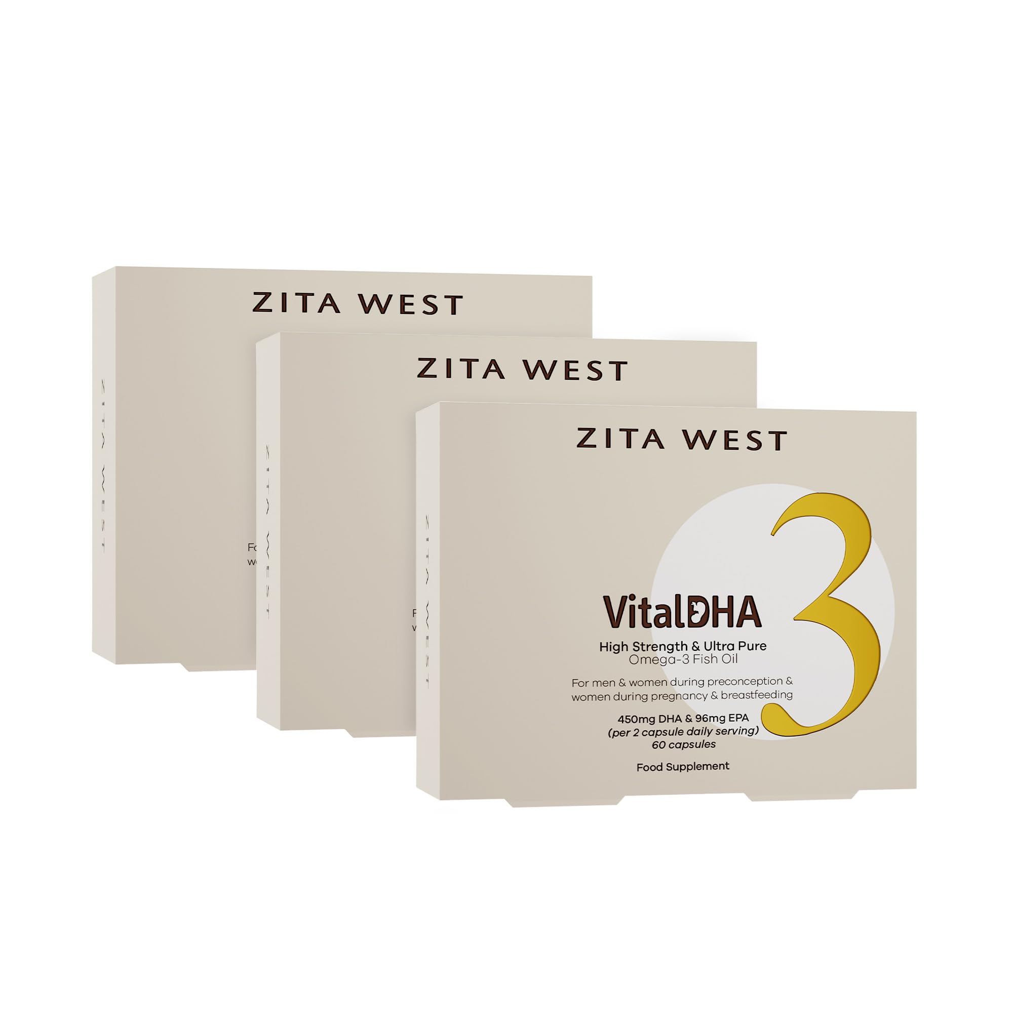 Zita West Vital DHA with Omega 3 + Zinc for Fertility - Essential Multivitamins for Preconception, Pregnancy & Breastfeeding -Three Months Supply (Pack of 3, 3 x 60 Capsules)