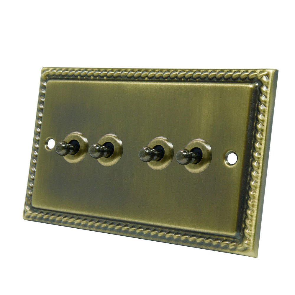 Georgian Antique Brass 4 Gang Toggle Switch - 10 Amp Quad 4-Gang 2 Way Dolly Light Switch