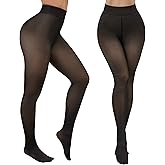Justay 2 Pairs Fleece Lined Tights Women - Fake Translucent Thermal Warm Sheer Pantyhose Black Thick Leggings for Winter
