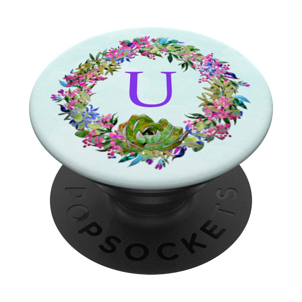 Mint Floral Phone Grip with Letter U Pop Up Holder Cactus PopSockets Grip and Stand for Phones and Tablets