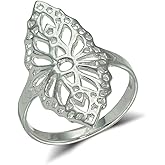 Hoops & Loops 925 Sterling Silver Filigree Navette Shaped Ring for Women, Silver, Yellow Gold, Rose Gold
