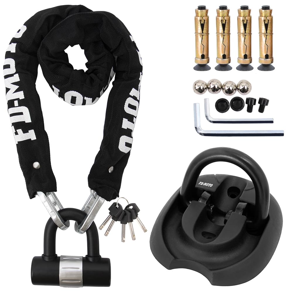 FD-MOTO 1.2M*10mm Steel Heavy Duty Motorbike Motorcycle Chain Lock Padlock + Hardened Steel Ground Wall Chain Anchor Black&White