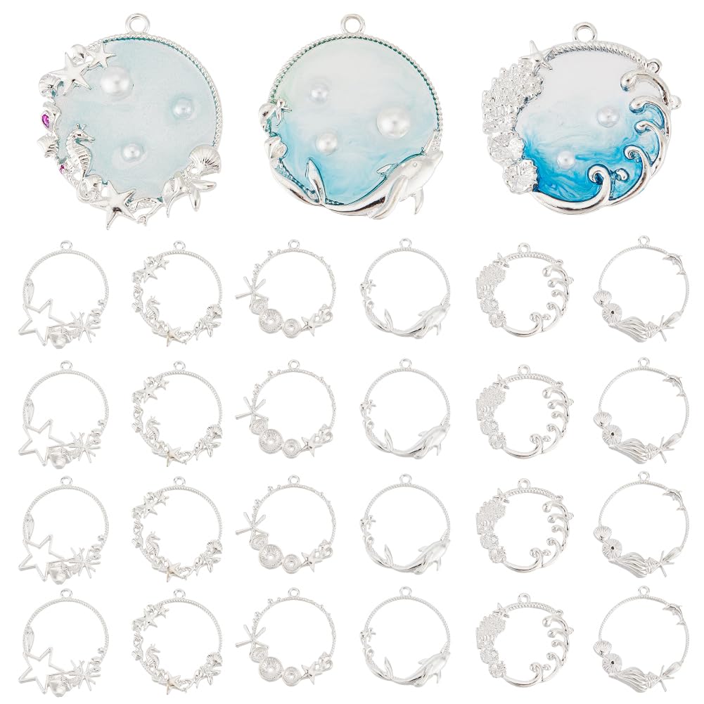 OLYCRAFT 24pcs Sea Theme Resin Bezels 6 Style Silver Open Frame Pendant Charms Summer Theme Alloy Hollow Resin Frames with Loop for Earrings Necklace Bracelet Jewelry Making