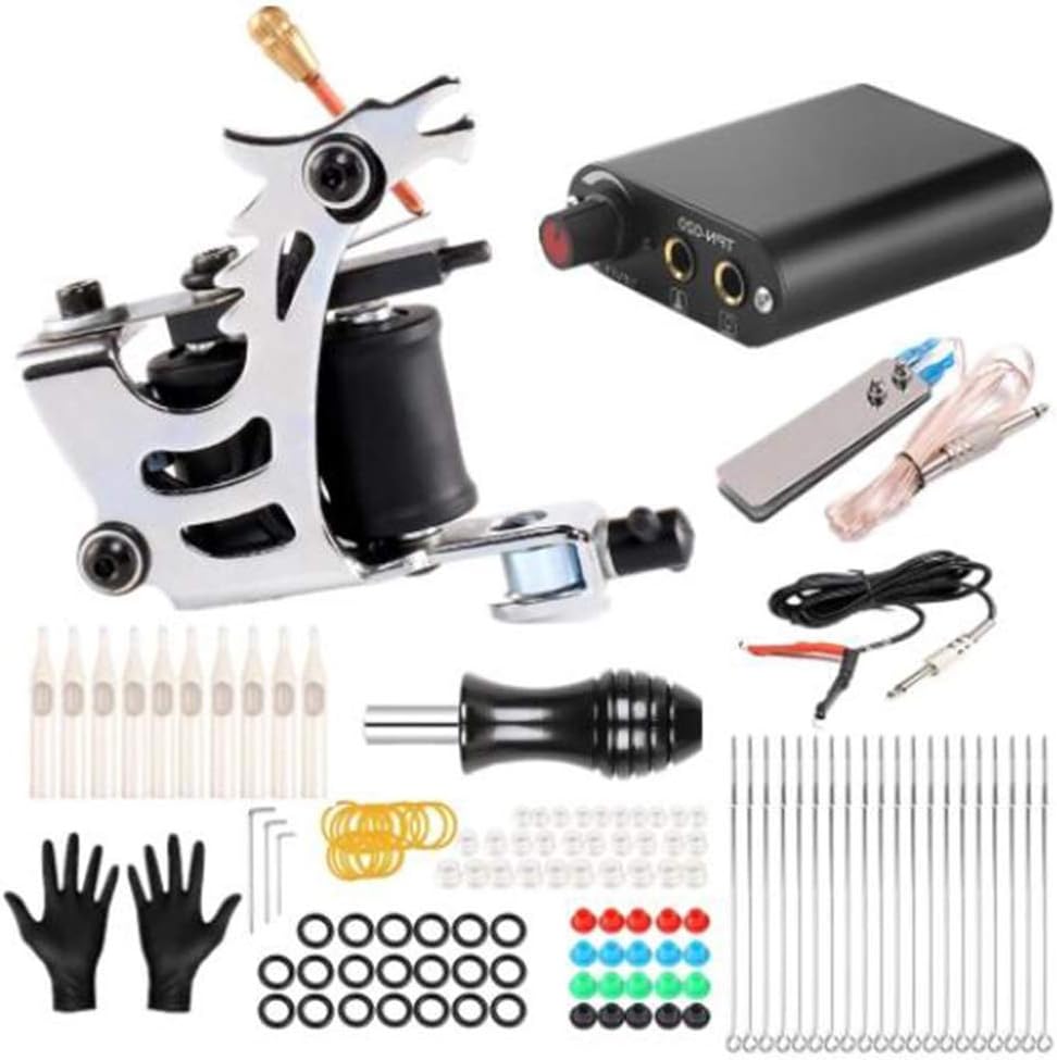 FSSAD Beginner Tattoo Kit, A full set of professional tattoo machine tattoo equipment, Power supply/hook line/pedal/tattoo needle/glove, (Excluding pigment)