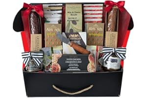 Deluxe Charcuterie & Cheese Gift Basket. Inside this beautiful box you will find: European Inspired Artisanal Salami and Merl