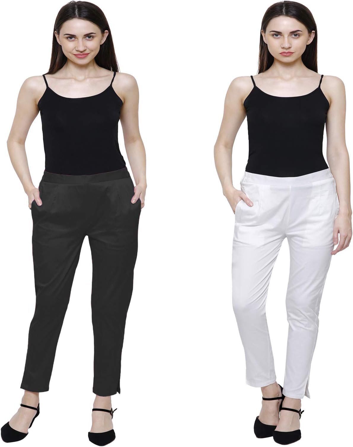 Women's Cotton Lycra Pant Stretchable Slim Fit Cigarette Trouser Chinos Both Side Pocket Combo of 2