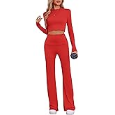 cheibear Womens Lounge Sets Long Sleeve Crop Top Foldover Flare Pants Casual Pajama 2 Piece Outfits