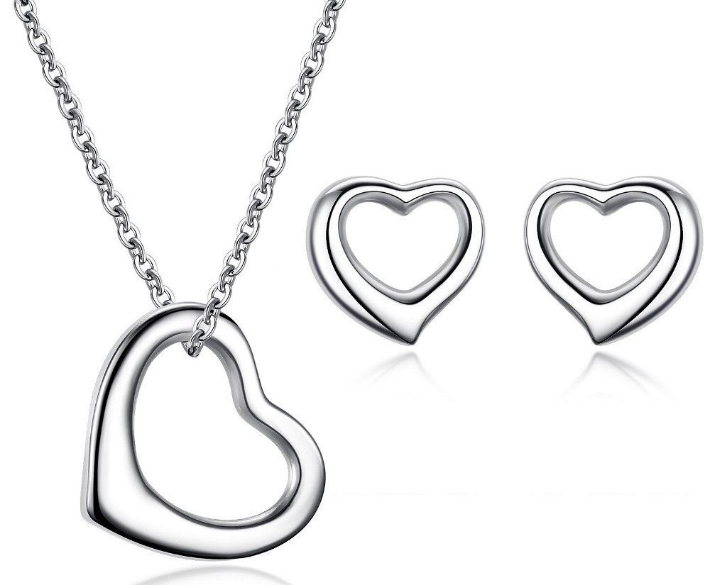 Sreema London-Women's Girls Love/Open Heart 925 Sterling Silver Pendent Chain(41-46 cm) Necklace & Stud Earrings - One Set With Gift Box