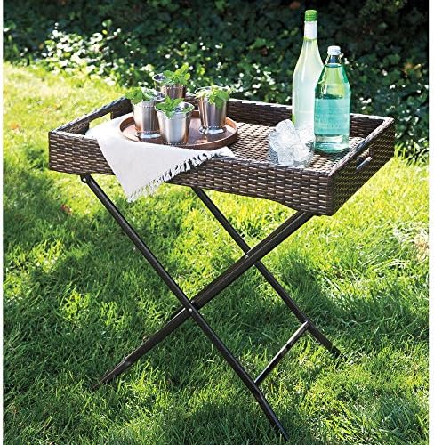 Stratford Butler Tray on Folding Stand, All-Weather Wicker Serving Tray can be Removed, Durable, Rust-resistant Steel Frame, Completes a Dining Set in Patio, Garden or Poolside Area
