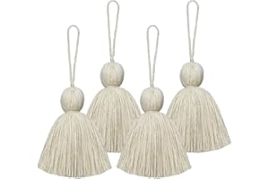 NINGYOHI Big Size 4 PCS Tassels for Crafts, Handmade Hanging Tassels for Pillow Decor, Blanket Decoration Tassels, with Hanging Rope for Tassel Garland (8cm/3.15 inch) (Light Khaki - 4 PCS)