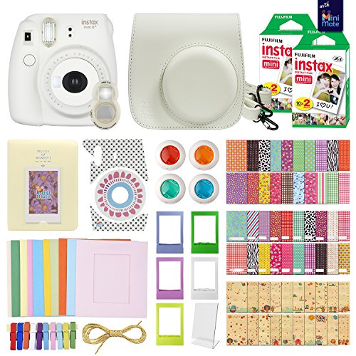 FujiFilm Instax Mini 8+ Camera Vanilla + 40 Instax Film + MiniMate Accessory Bundle. Kit includes: White Case, Frames, 64 page Photo Album, Selfie Lens, Colored Filters and more