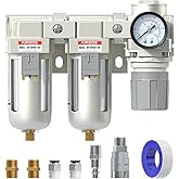 AIRZOE 3/8" NPT Air Dryer for Compressor-Air Compressor Water Separator AC3110-03,Double Air Compressor Filter,Air Pressure Regulator Combo,5 Micron Brass Element,Semi-Auto Drain,0-145 psi Gauge