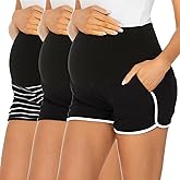 Ecavus 3 Pack Women's Maternity Shorts Workout Stretchy Lounge Sports Yoga Over Belly Pregnancy Shorts with Pockets M