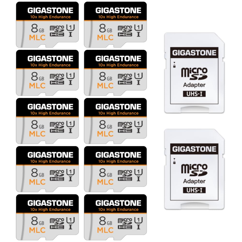 [10x High Endurance ] GIGASTONE Industrial 8GB 10-Pack MLC Micro SD Card, Full HD Video Recording, Dash Cam, Surveillance Compatible 85 MB/s, U1 C10, with Adapter [5-Yrs Free Data Recovery]