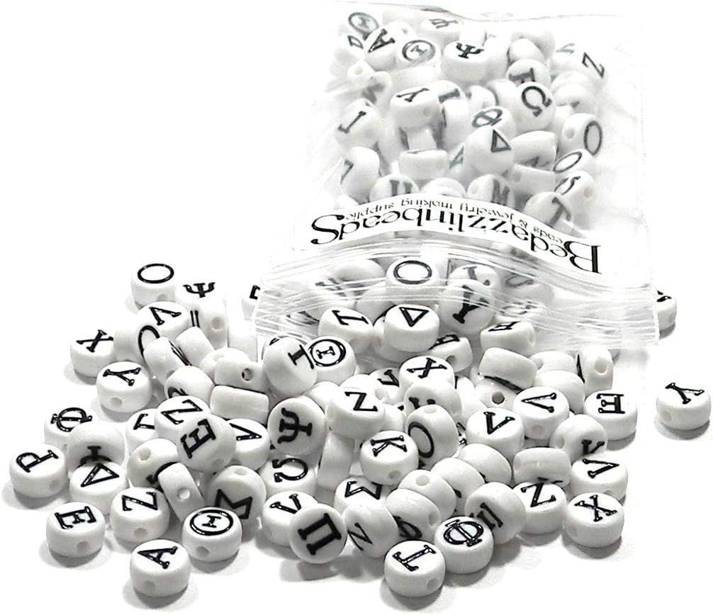 200 Assorted Greek Alphabet 7mm Flat Round Plastic Acrylic White & Black Coin Letter Beads
