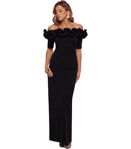 black xscape dresses X by Womens Mesh Inset Off-The-Shoulder Evening Dress 4 : Clothing, Shoes & Jewelry Hidden Back Zipper Details Size:US Size 14 Strapless Sweetheart Long Prom swatch:goji-berry