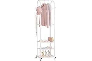 DTTWACOYH Hall Tree with Wheels and Hanging Hooks,Heavy-Duty Metal Coat Rack with Shoe Shelves,3-in-1 Narrow Entryway Storage for Small Space,Suitable for Hallway,Bedroom and Bathroom,White