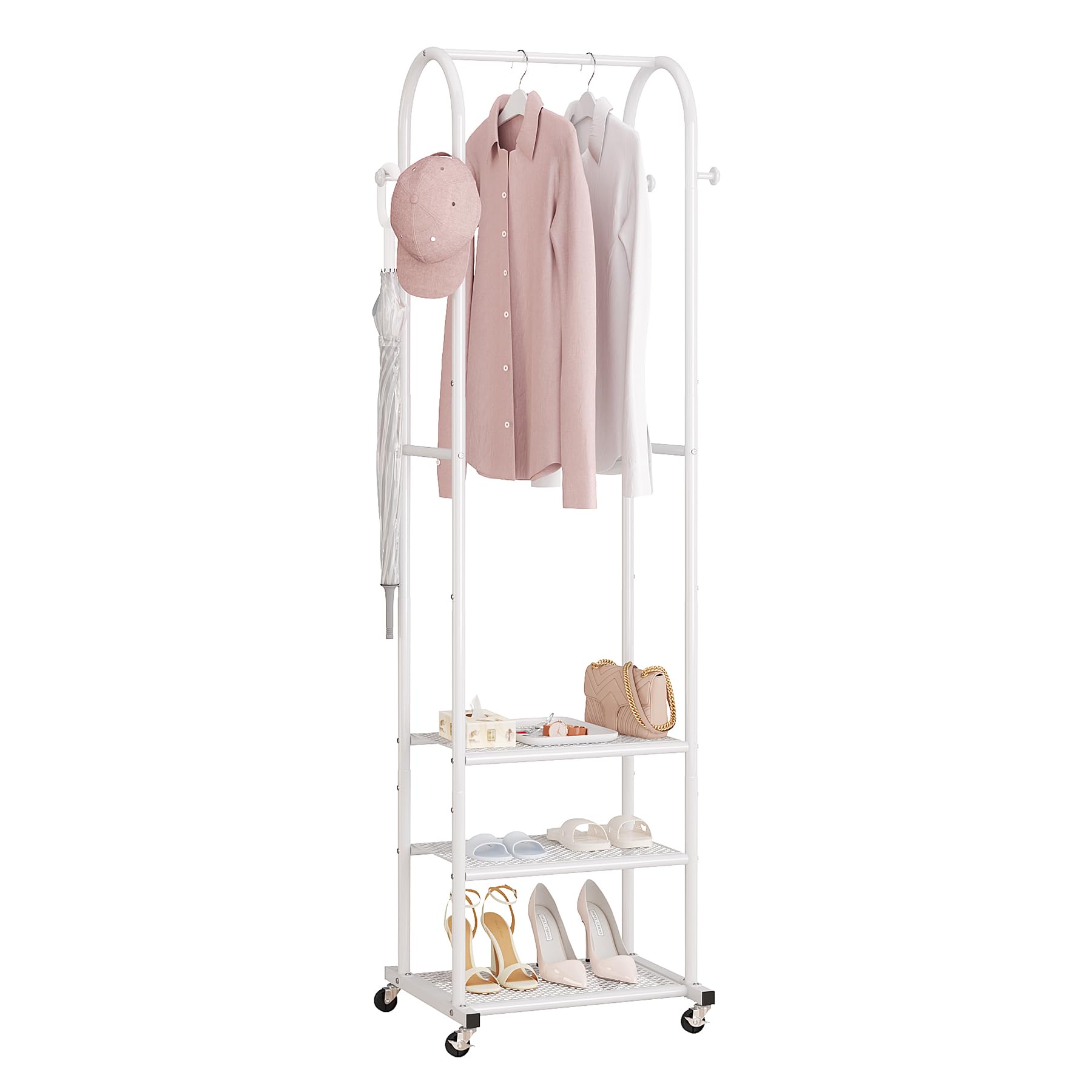 Photo 1 of Hall Tree with Wheels and Hanging Hooks,Heavy-Duty Metal Coat Rack with Shoe Shelves,3-in-1 Narrow Entryway Storage for Small Space,Suitable for Hallway,Bedroom and Bathroom,White