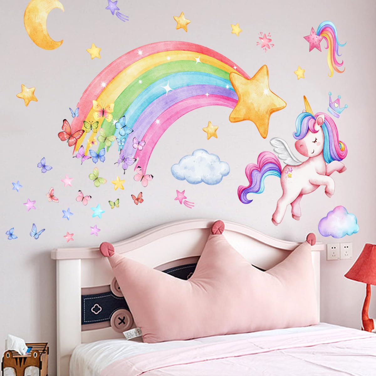 Rainbow Unicorn Wall Stickers for Girls Bedroom, Peel and Stick Magical Unicorn Wall Decals with Moon, Stars & Butterflies, Colorful Wall Art for Nursery Kids Playroom Decor,Vinyl Stickers in Gift Box