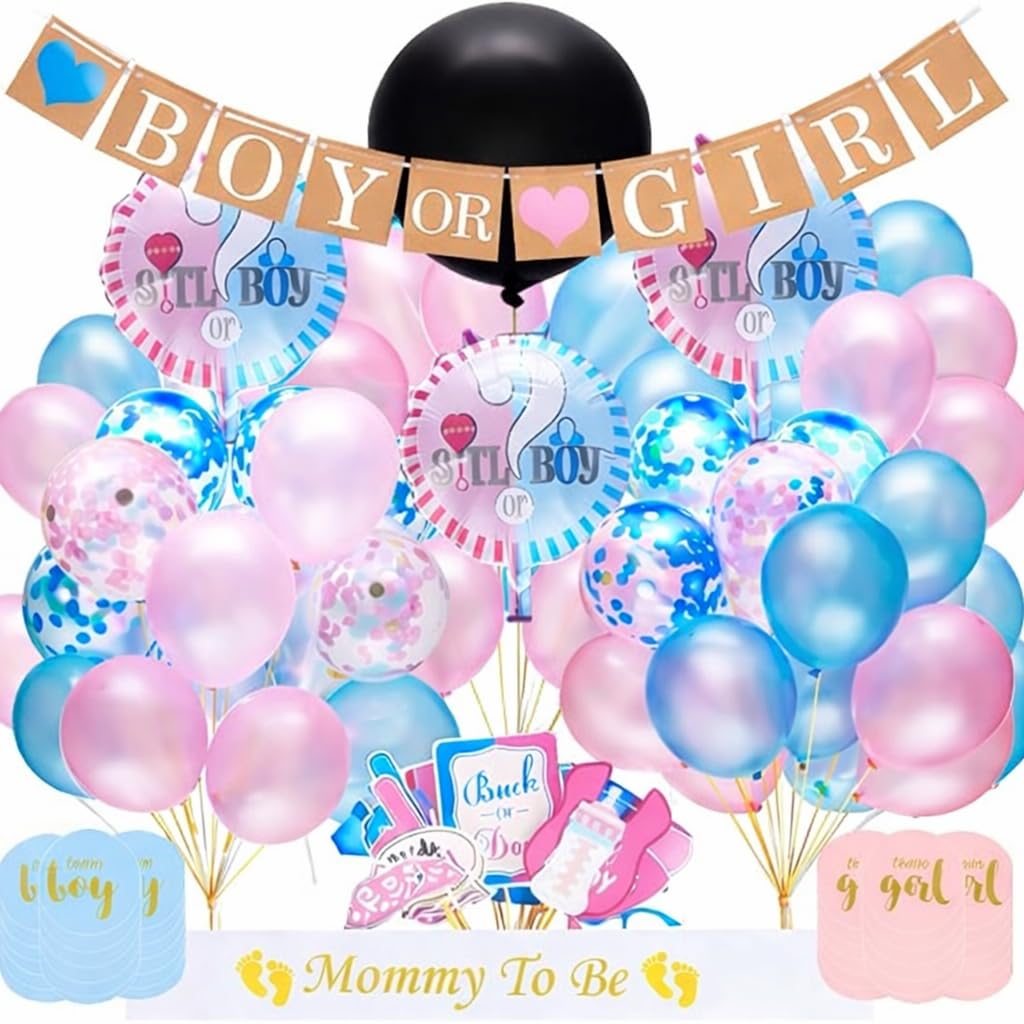 eBoutik Gender Reveal Party Decorations Kit – 94 Piece Baby Shower Supplies with Boy or Girl Banner, Balloons & Voting Photo Booth Props – Team Pink or Blue Celebration Set