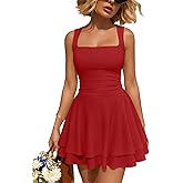 Trendy Queen Women's Square Neck Summer Party Flowy Ruffle Hem Ruched Waist Mini Dress
