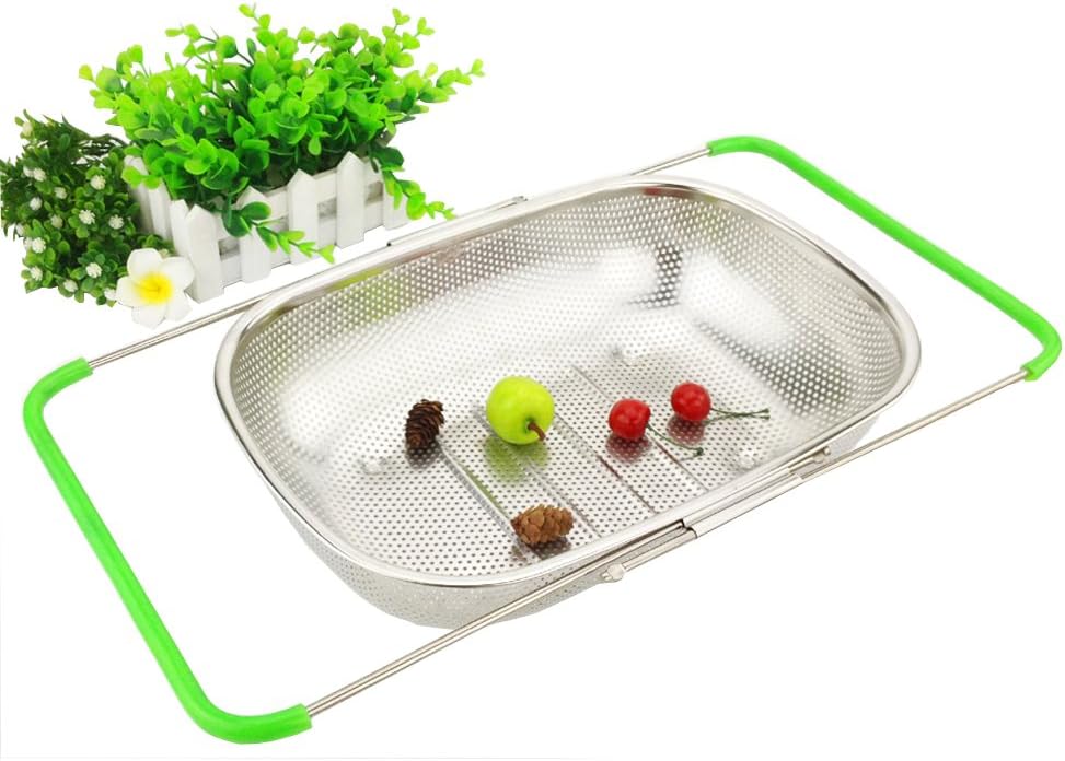 iAesthete Over The Sink Stainless Steel Colander, with Extendable Non-Slip Handle, Multiple Usage Food Strainer, Easy to Clean, Dishwasher Safe