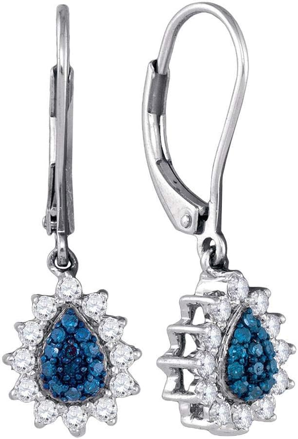 10kt White Gold Womens Round Blue Color Enhanced Diamond Teardrop Dangle Earrings 1/2 Cttw