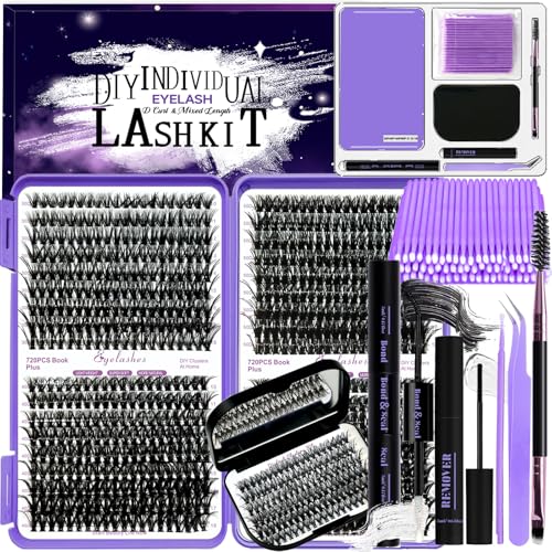 DNSGOOR DIY Eyelash Extension Kit 840 Lash Cluster Mirror Eyelash Box,Eyelash Gluing and Sealing,Eyelash Removal,Tweezer Brush Mini Applicator