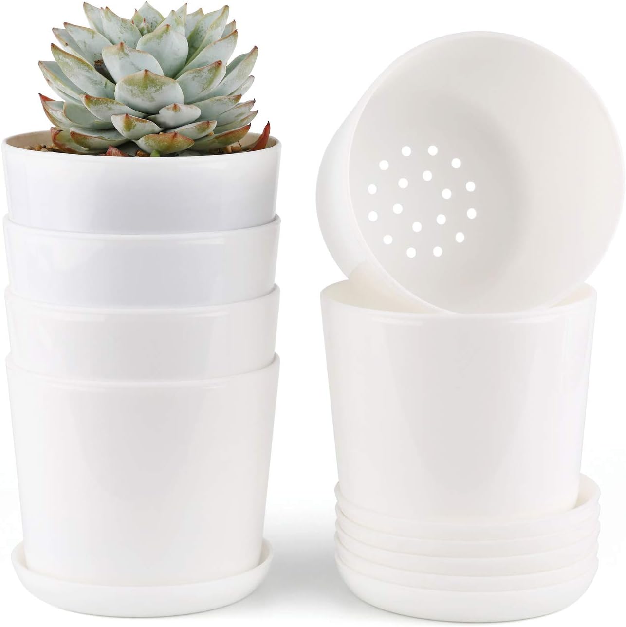 T4U 3.75 Inch Plastic Succulent Pot with Saucer White Set of 6, Round