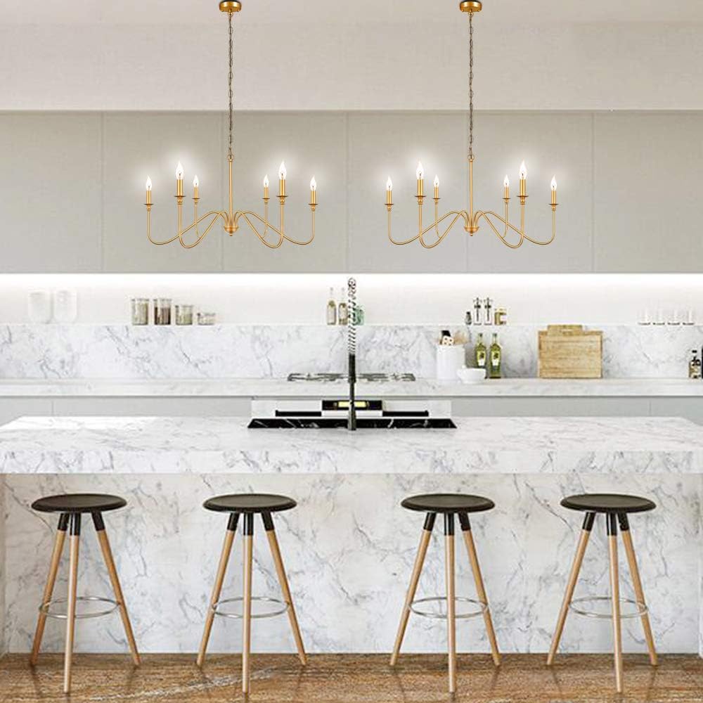 T&A Glod 6-Light Chandeliers, Classic Candle Ceiling Pendant Light Fixture, Wrought Iron Brass Farmhouse Chandelier Kitchen Island Dining Room Living Room - - 