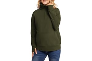 Maacie Maternity Sweatshirts Lapel Half Zip Thermal Fleece Pullover with Thumbholes & Kangaroo Pocket